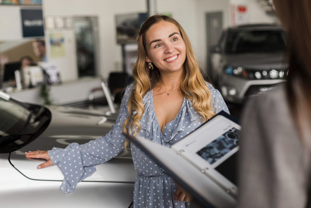 A woman next to a car holding a pen and notepad, symbolising the importance of timing when it comes to car insurance.
