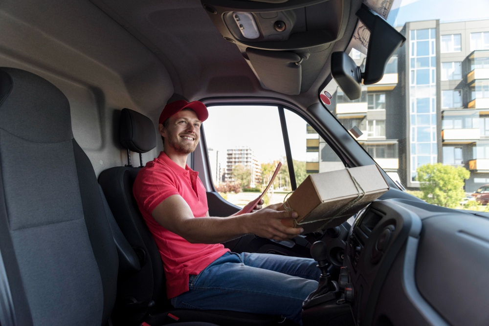 man sitting in a van holding a phone about to deliver a parcel.