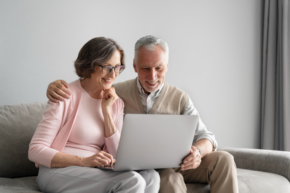 An elderly couple looking at a laptop.