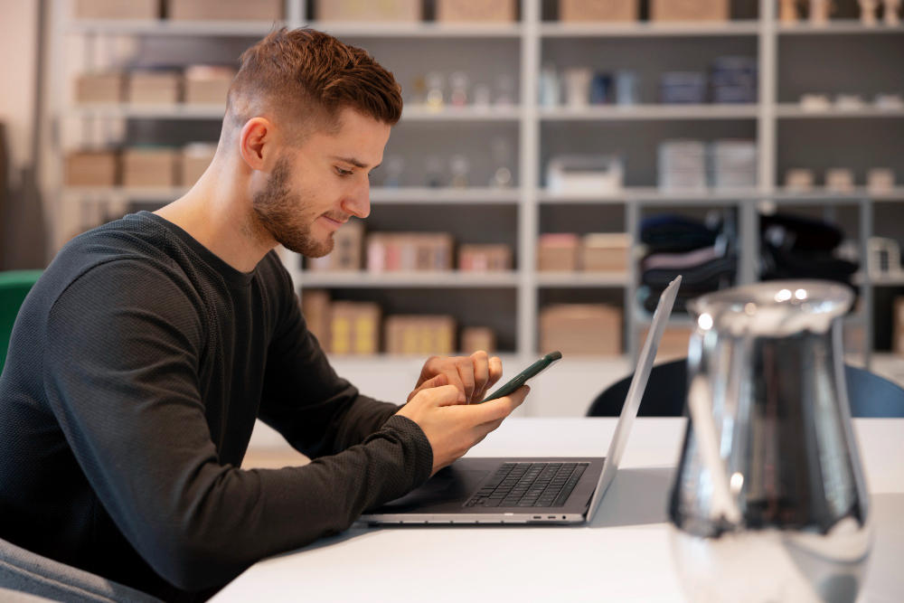 Man sitting at a desk with a laptop while looking at a mobile phone.
