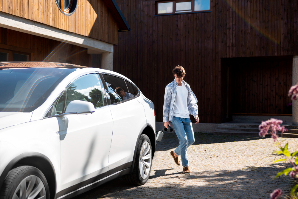 Image showing a white car parked in a garage.